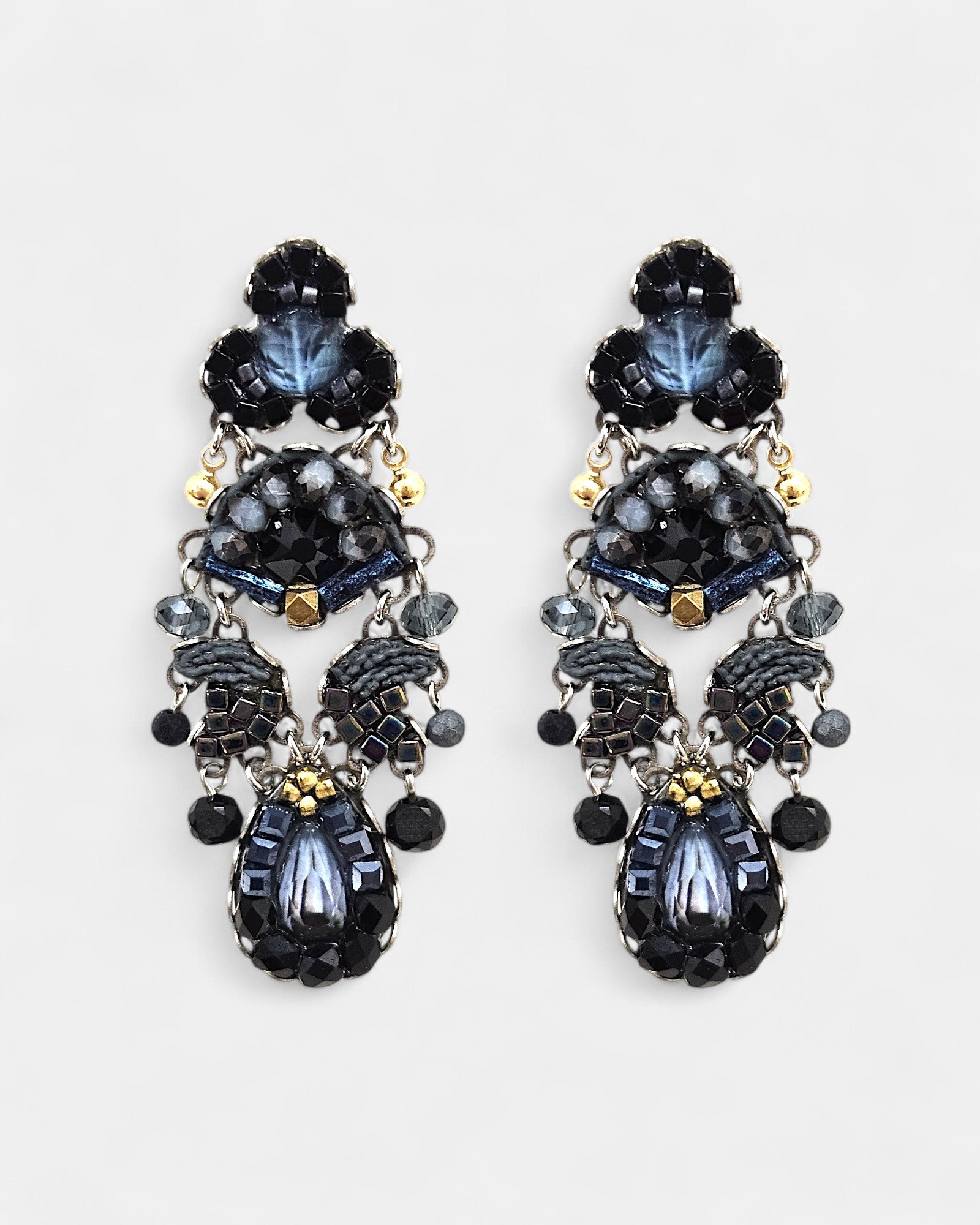 Pendientes Largos Azules con Cristales Negros Marina