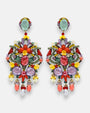 Pareja de pendientes de fiesta grandes polícromos Fiesta de la Alhambra de Dublos, mostrando su diseño calado en rojo coral, amarillo citrino, violeta y verde menta con cascada de lágrimas colgantes.