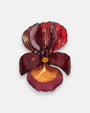 broche con forma de flor de iris sobre fondo neutro, destacando sus pétalos superiores estriados en color carmín y su base en tonos granate y oro satinado.