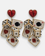 pendientes Casino Royale de Olivia Dar bordados a mano con cartas de póquer, dados 3D y corazón superior rojo.