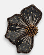 primer plano macro del pendiente Fleur Noire et Bronze, permitiendo apreciar el bordado de microcuentas, los canutillos metalizados y los pistilos tridimensionales.