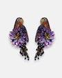 pendientes Perroquet Violet de Olivia Dar bordados a mano en forma de ave del paraíso en tonos violeta, bronce y azul noche.