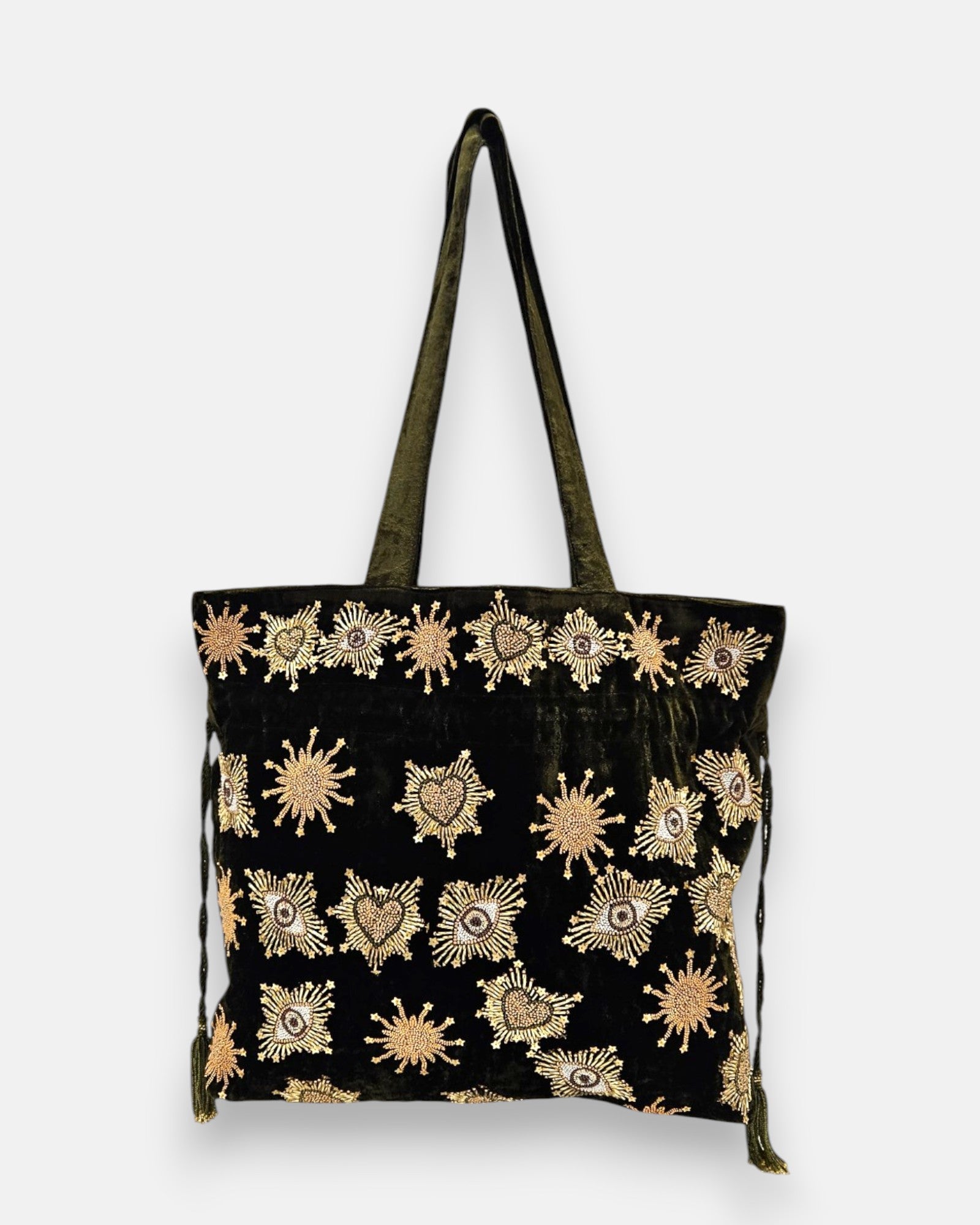 bolso tote Cabas en Velours Motifs Astraux Brodés Vert Kaki de Olivia Dar en terciopelo verde caqui con símbolos místicos bordados en dorado.