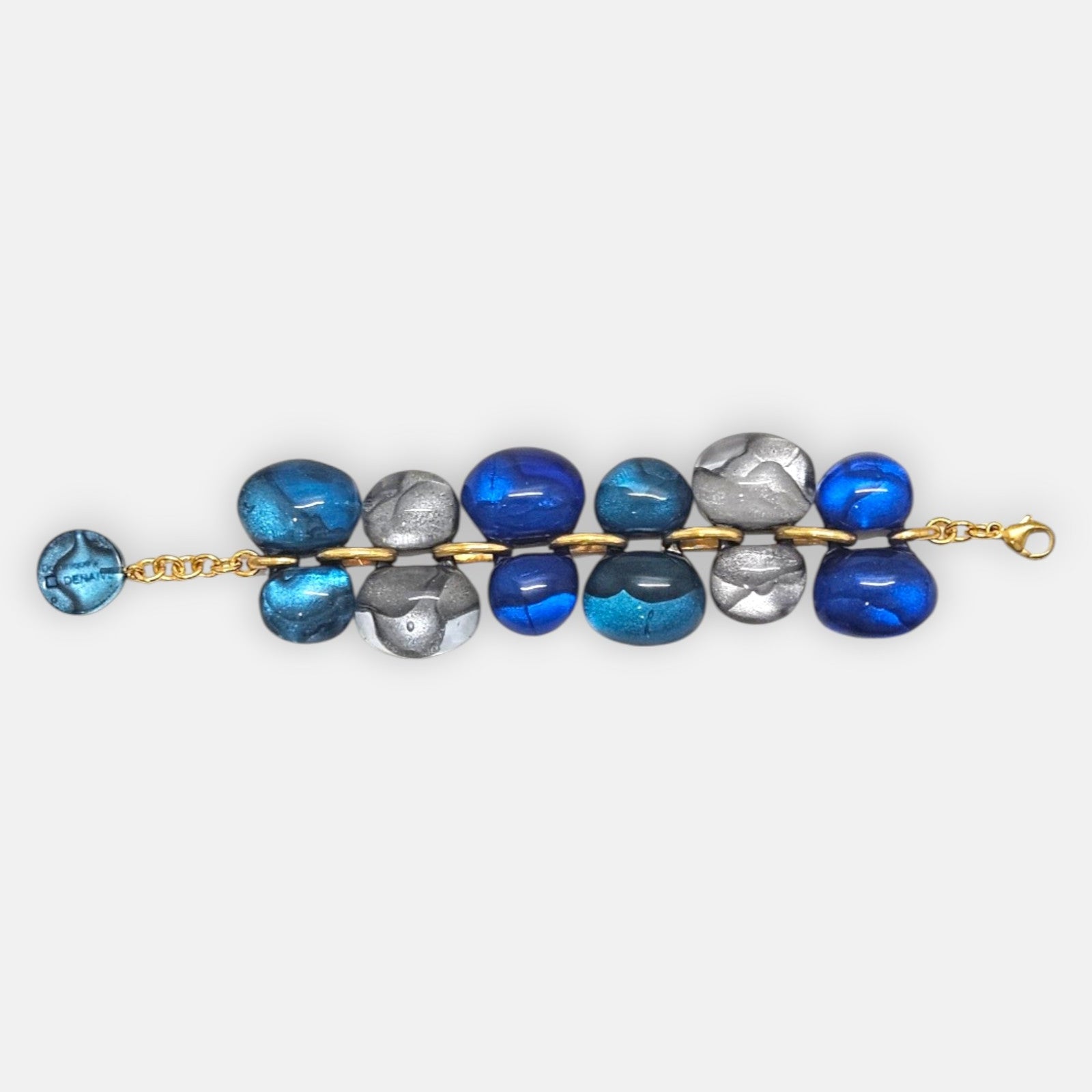 pulsera Galet Bleu de Dominique Denaive en resina artesanal con doble hilera de cuentas orgánicas en azul cobalto, turquesa y plata.