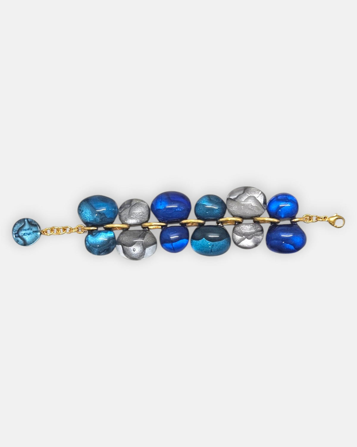 pulsera Galet Bleu de Dominique Denaive en resina artesanal con doble hilera de cuentas orgánicas en azul cobalto, turquesa y plata.