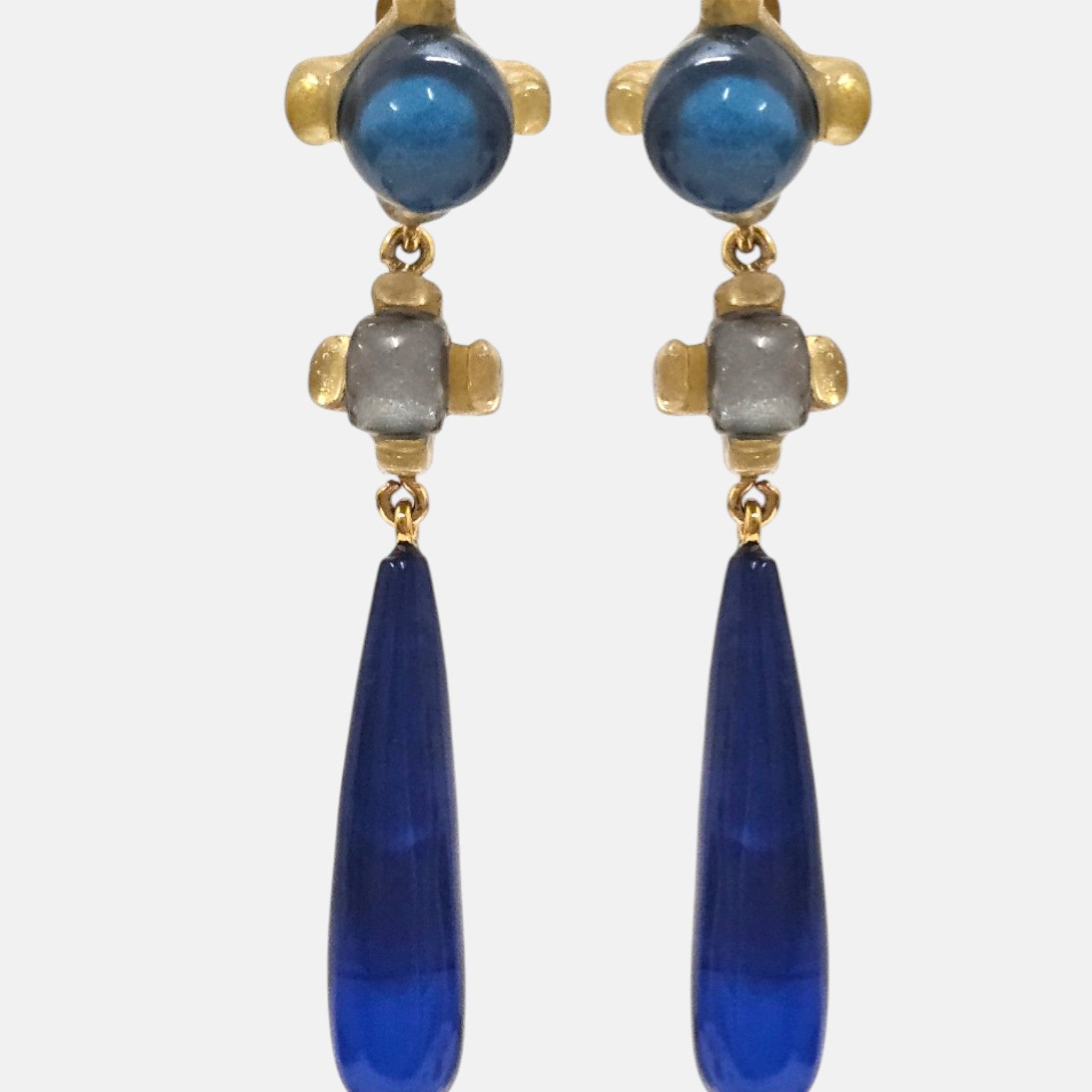 pendientes largos Inès Bleu Caída de Dominique Denaive en resina artesanal con lágrima azul cobalto y cabujones en turquesa y plata.