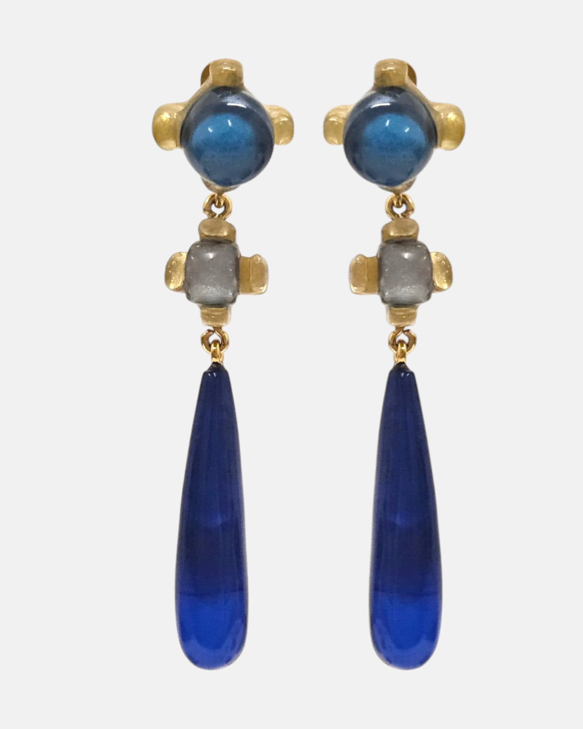 pendientes largos Inès Bleu Caída de Dominique Denaive en resina artesanal con lágrima azul cobalto y cabujones en turquesa y plata.