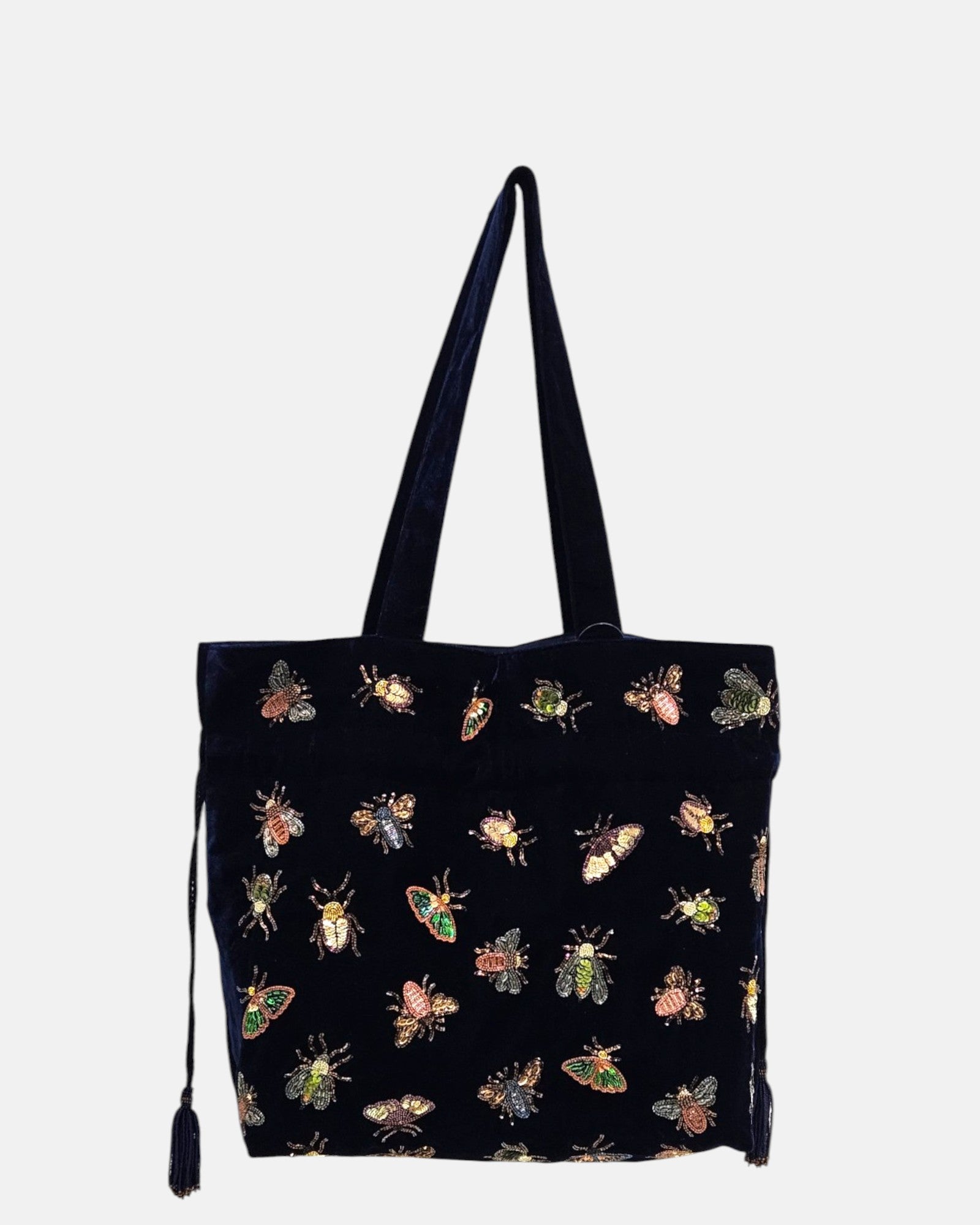 bolso tote Cabas en Velours Insectes Brodés Bleu Nuit de Olivia Dar en terciopelo azul noche con insectos bordados.
