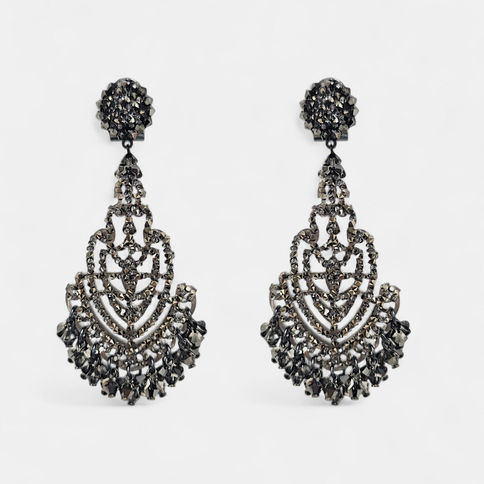 Arabesque earrings in dark filigree with smoky faceted crystals