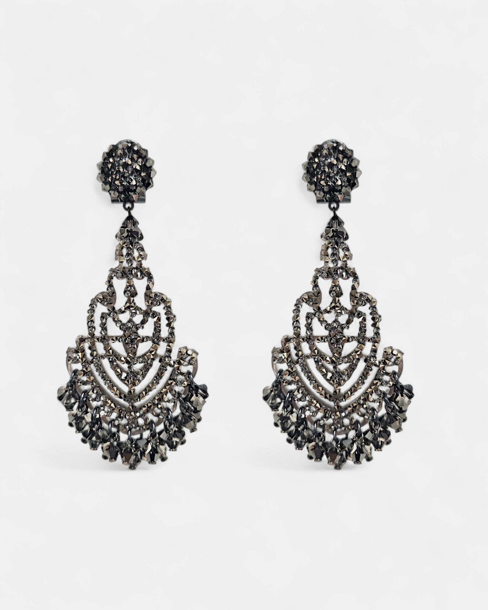 Arabesque earrings in dark filigree with smoky faceted crystals