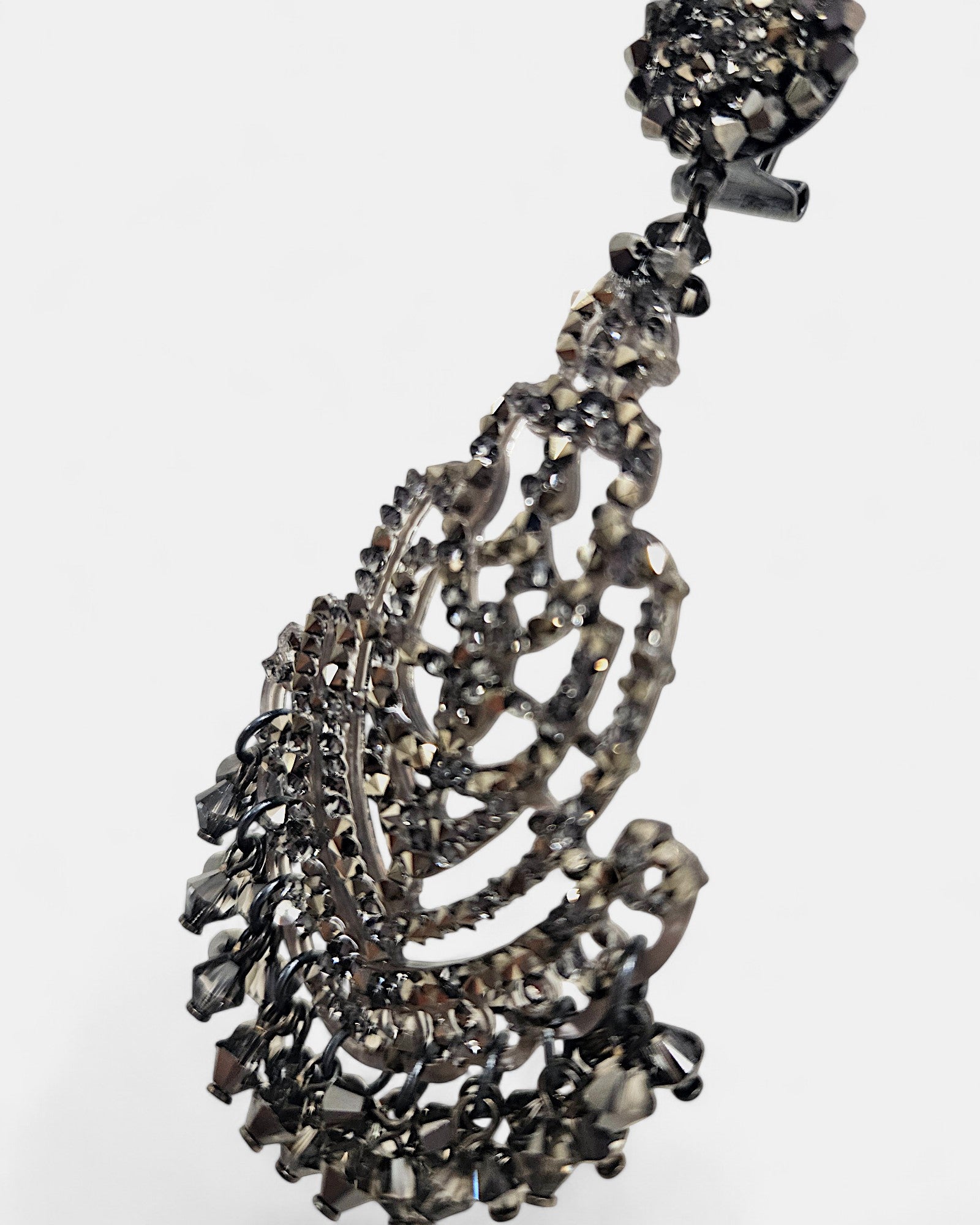 Arabesque earrings in dark filigree with smoky faceted crystals