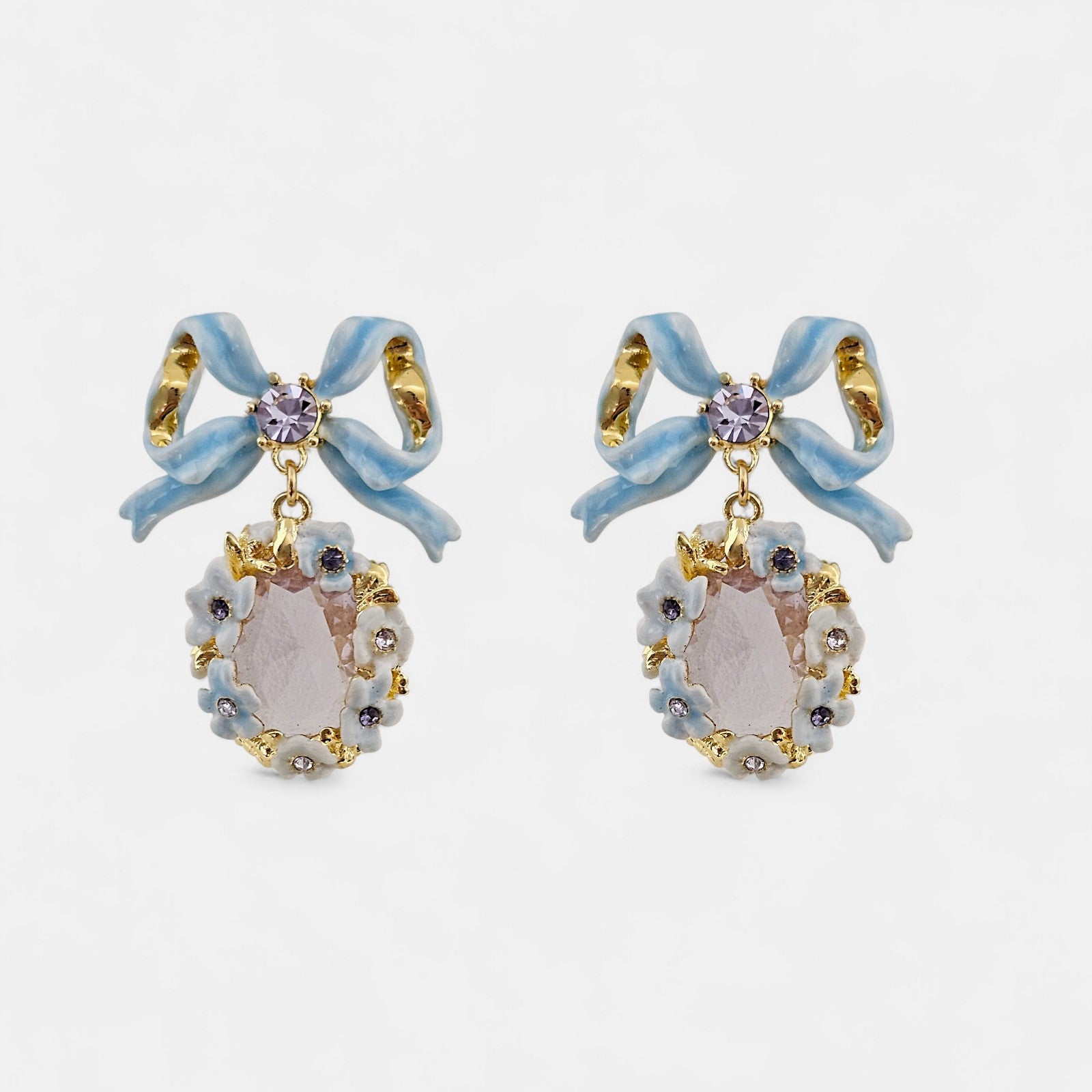 Pendientes Lazo Azul con Piedra Rosa