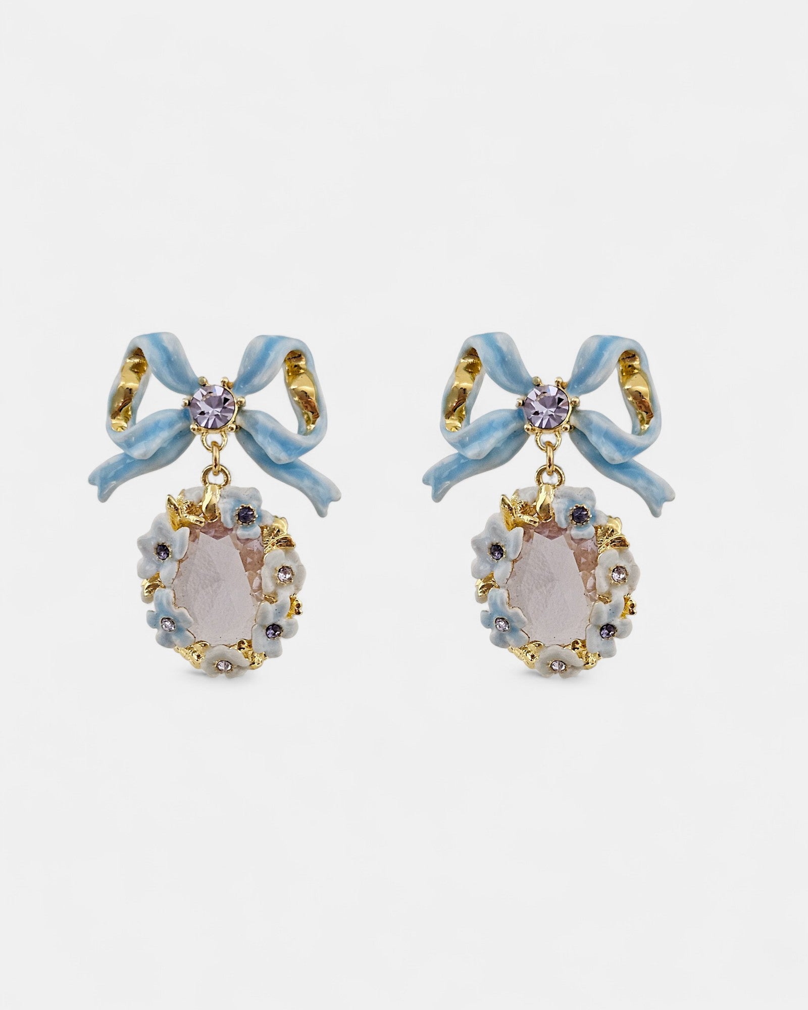 Pendientes Lazo Azul con Piedra Rosa