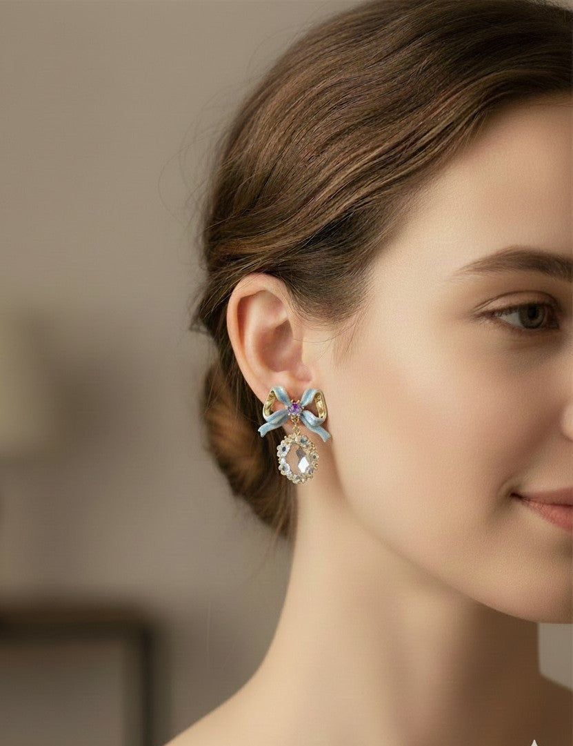 Pendientes Lazo Azul con Piedra Rosa