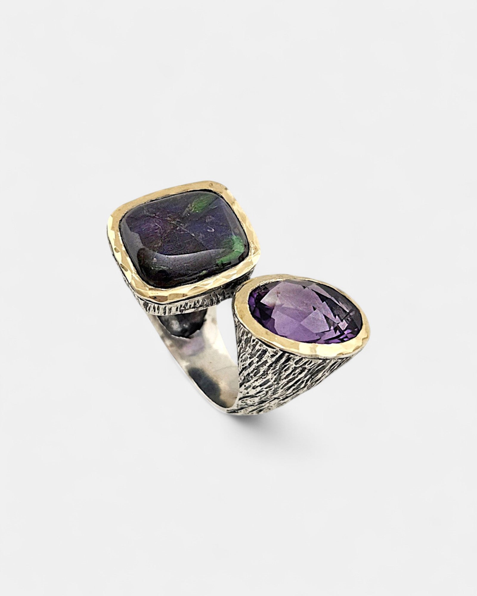 Anillo de plata con Amolita y Amatista