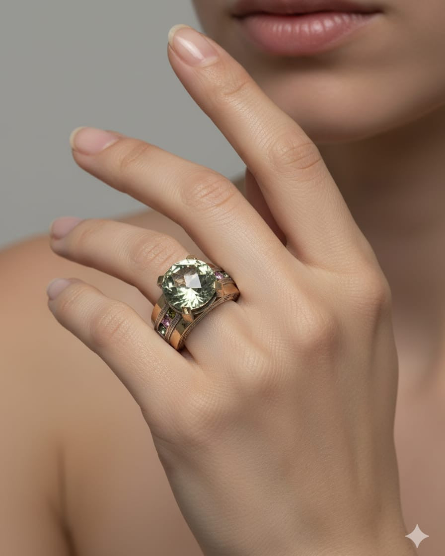 Sortija plata y amatista verde