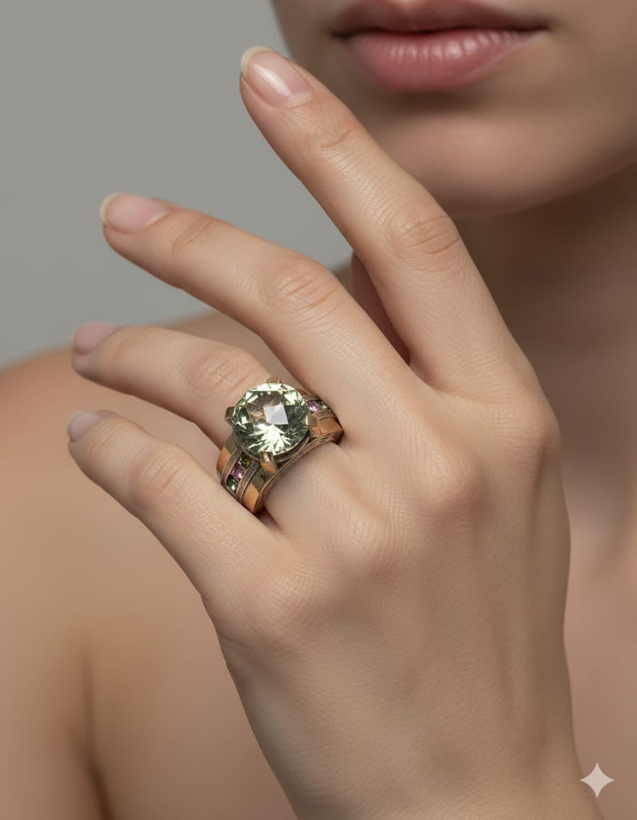 Sortija plata y amatista verde