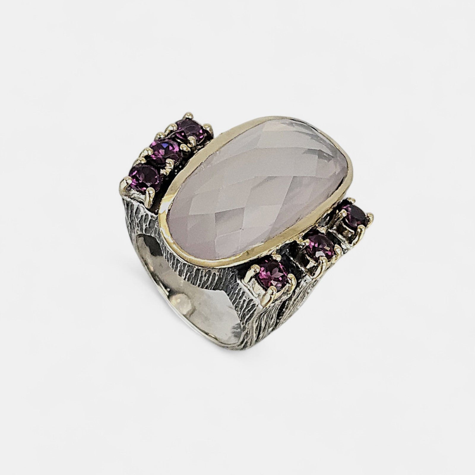 Sortija plata y cuarzo rosa con rodonitas Styliano