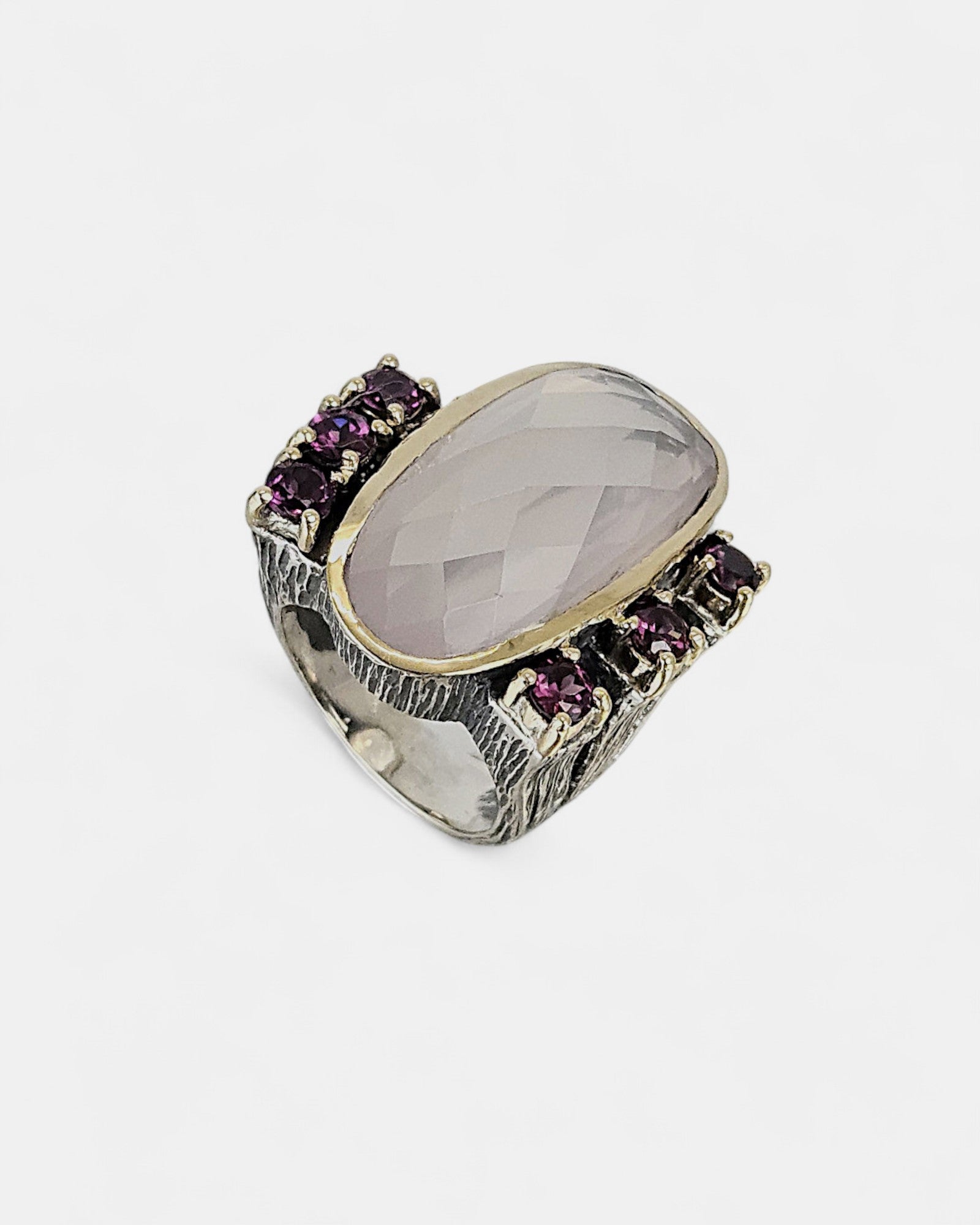 Sortija plata y cuarzo rosa con rodonitas Styliano