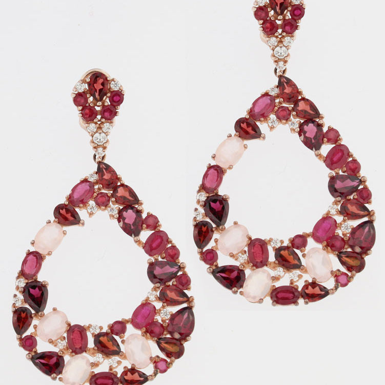 Pendientes de plata, rubís y cuarzos rojos