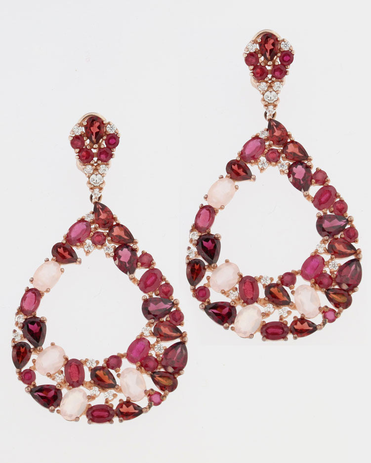 Pendientes de plata, rubís y cuarzos rojos