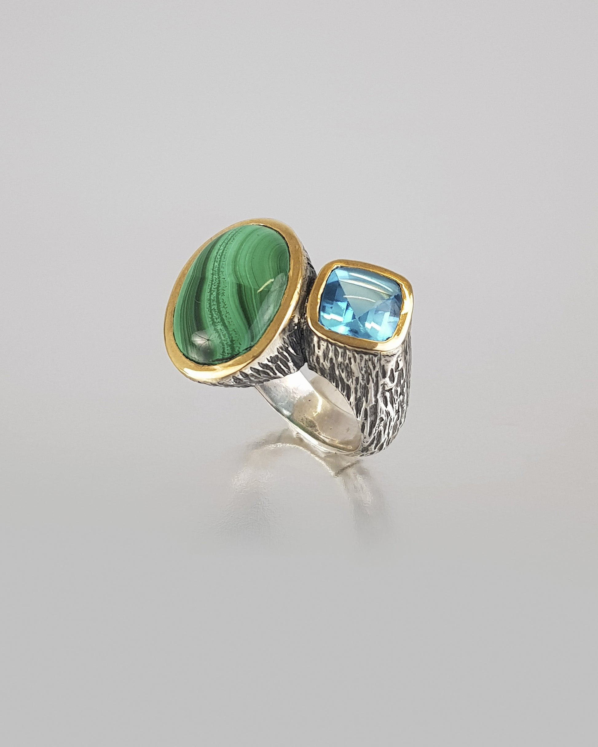 Anillo malaquita y topacio azul