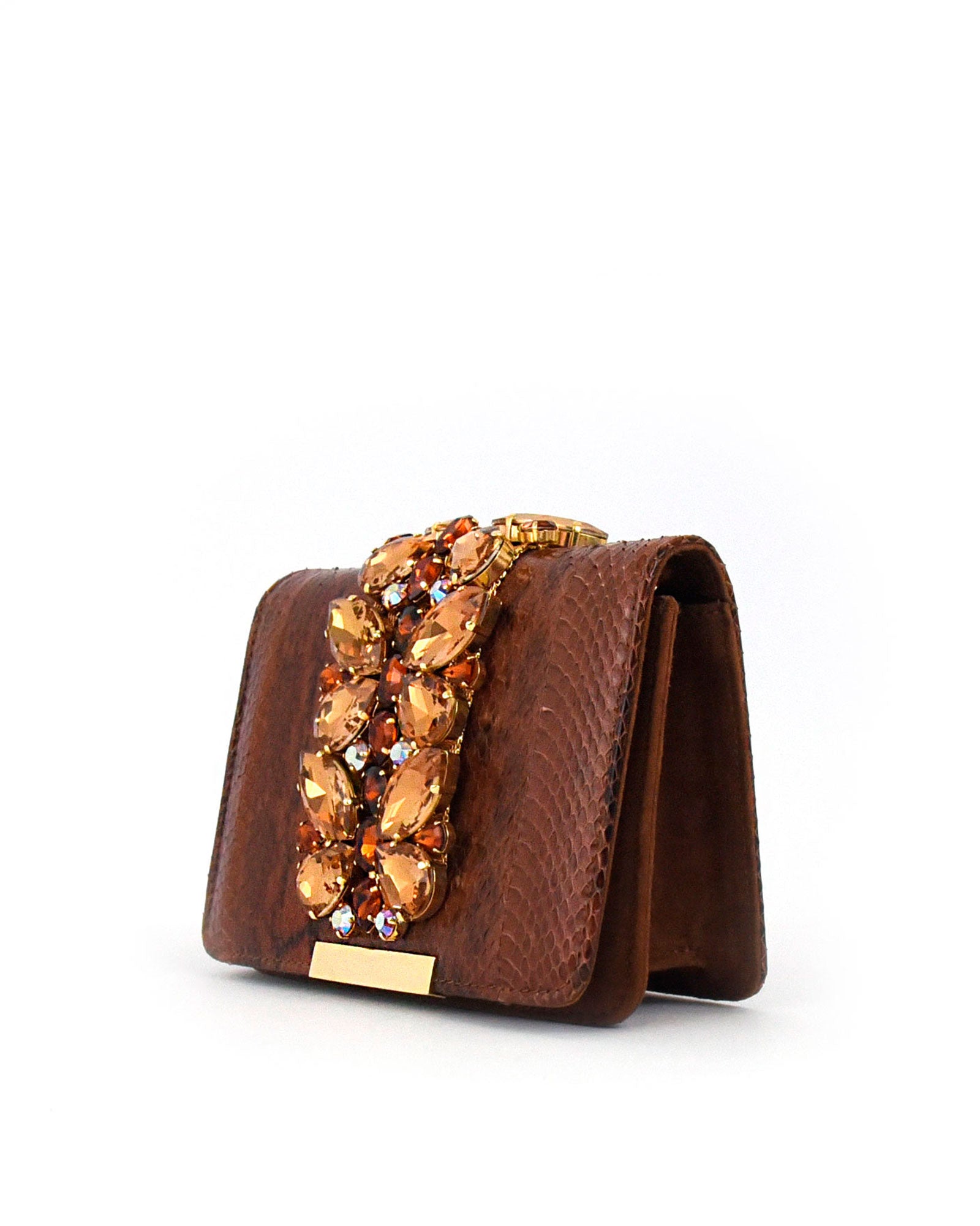 Bolso joya piel y swarovski marrón
