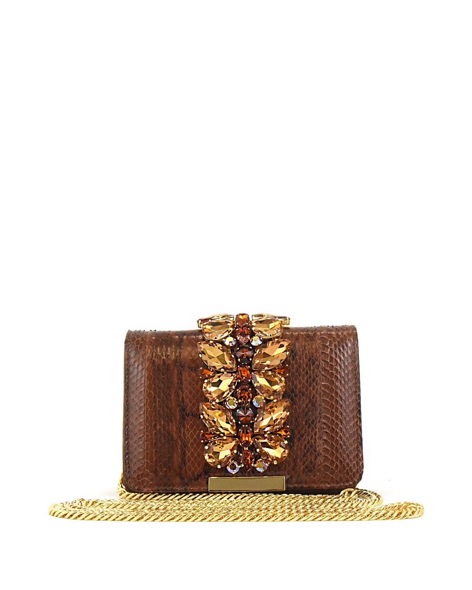 Bolso joya piel y swarovski marrón