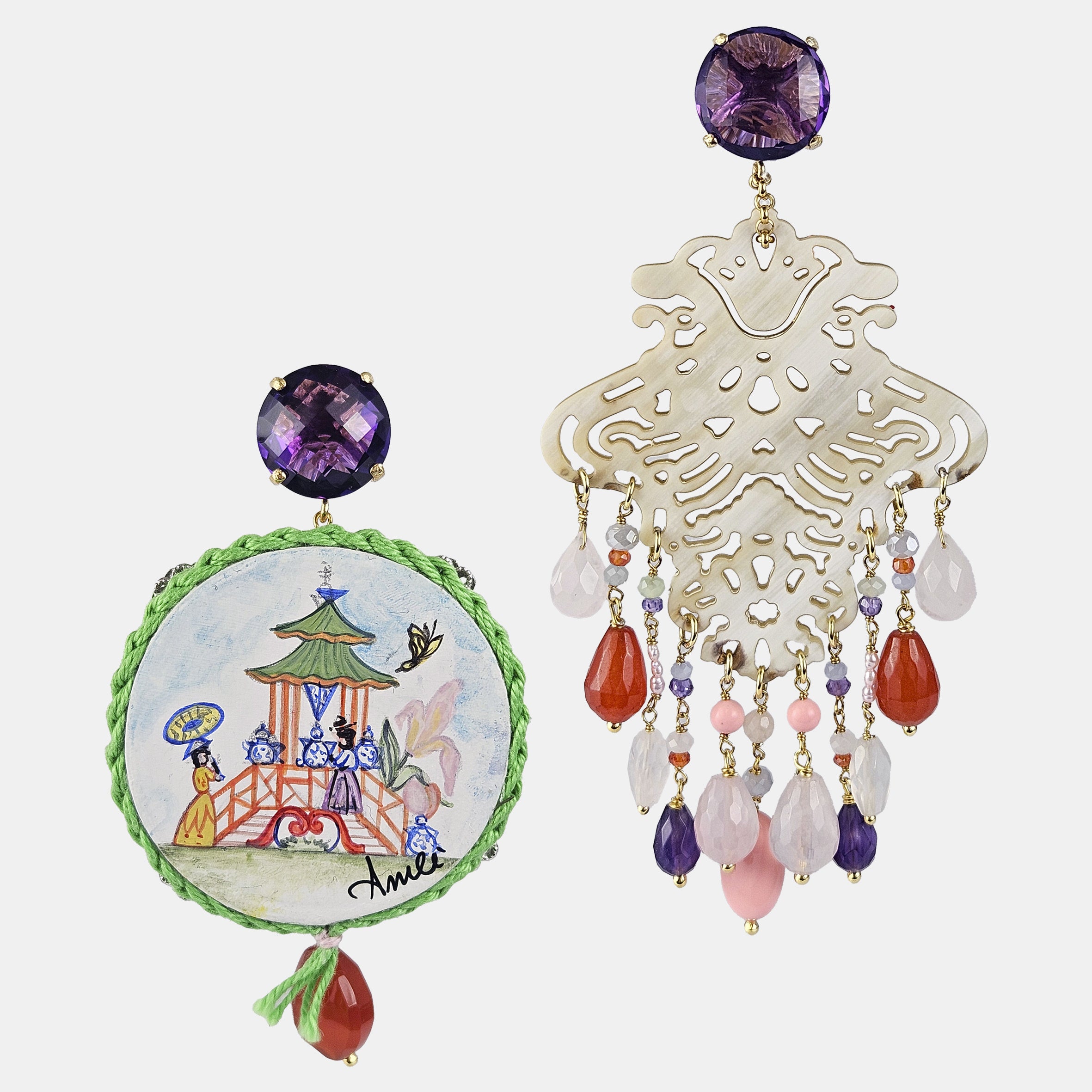 Pendientes asimétricos tamburello y filigrana