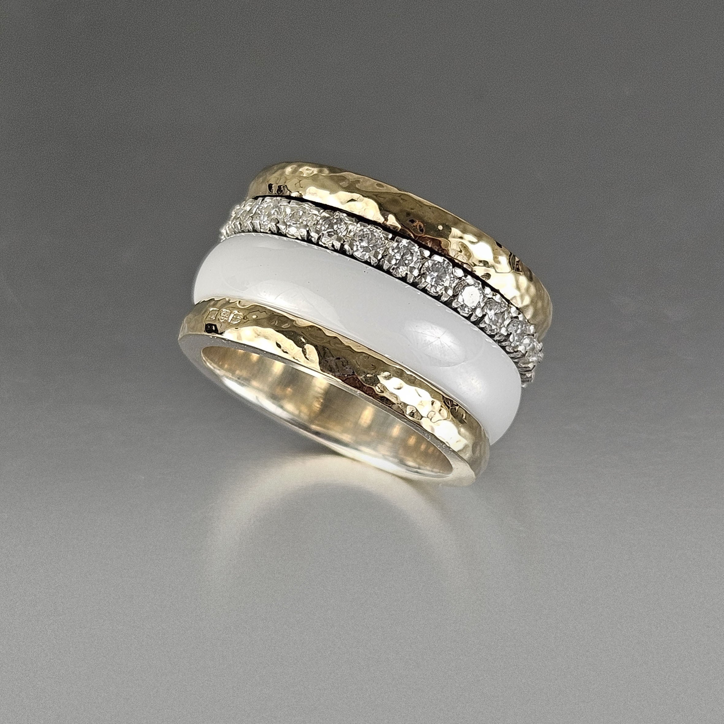 Silver and cubic zirconia ring with white ceramic 