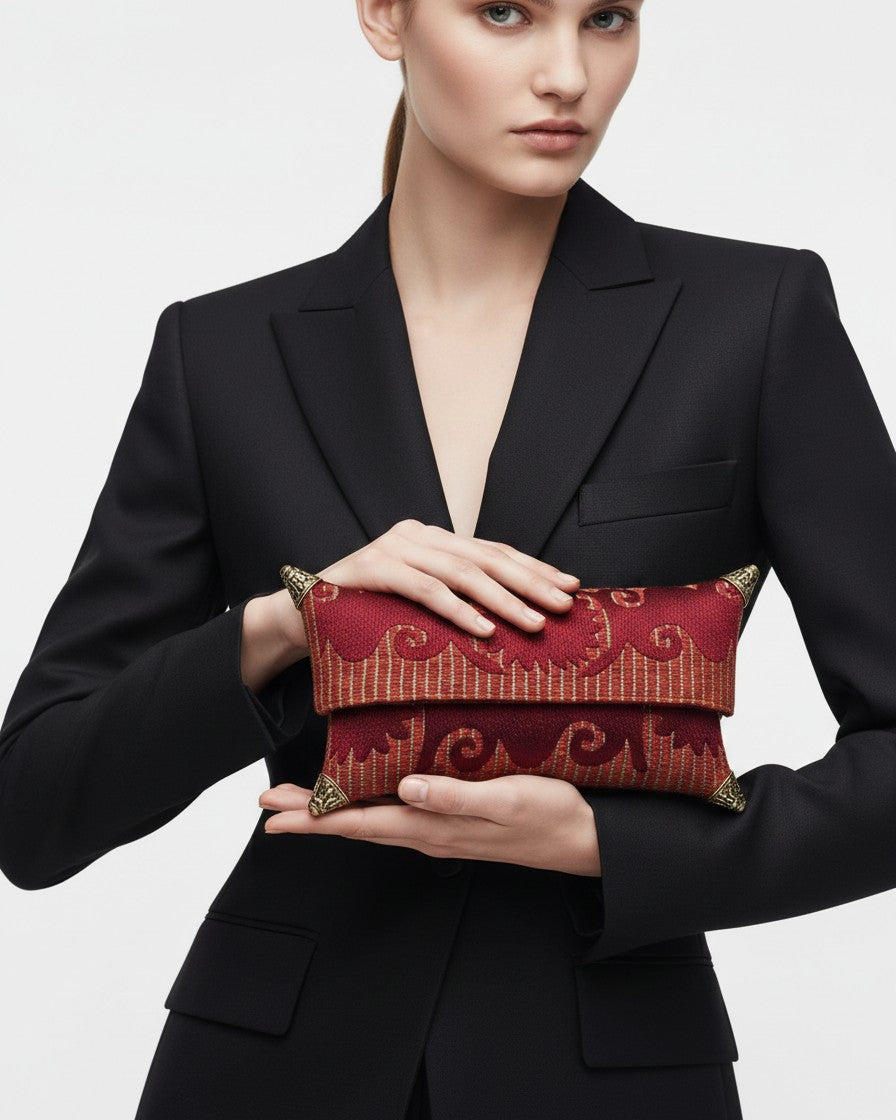 Bolso clutch de mano tipo sobre en tejido jacquard granate con bordado de rayas ocres y esquineras metálicas doradas, lucido con americana negra.