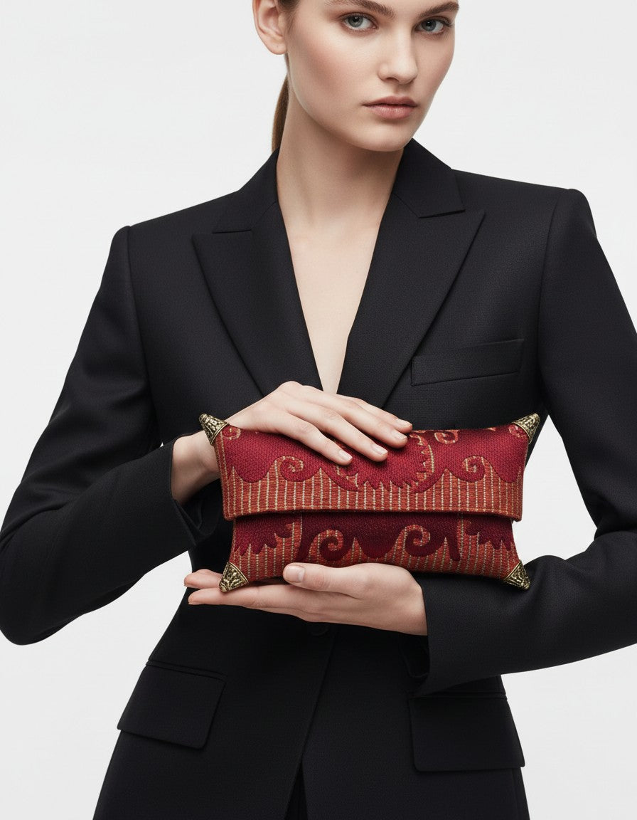 Bolso clutch de mano tipo sobre en tejido jacquard granate con bordado de rayas ocres y esquineras metálicas doradas, lucido con americana negra.