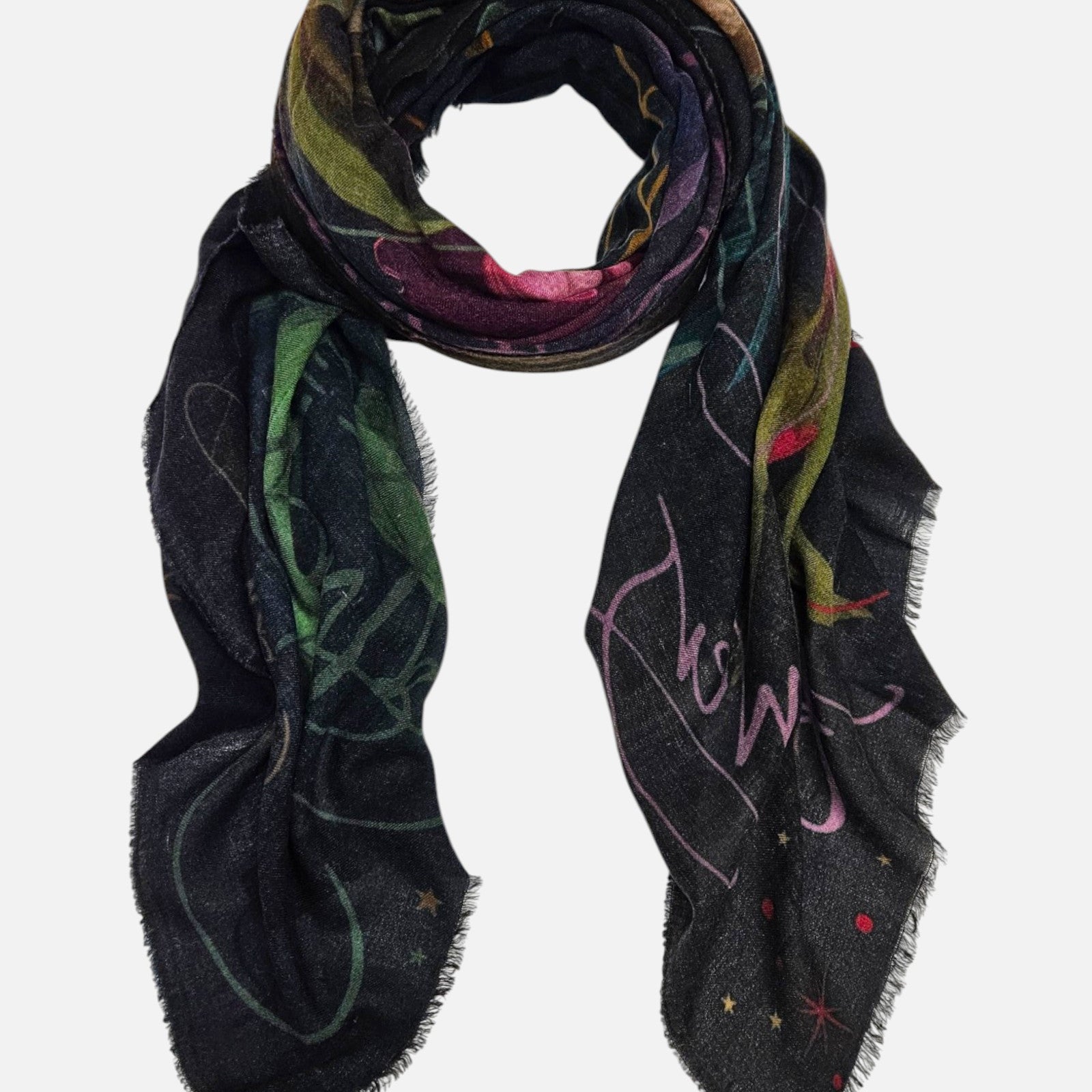 Foulard Faliero Sarti Memento extendido en bucle sobre fondo blanco mostrando la caligrafía rosa sobre fondo negro.