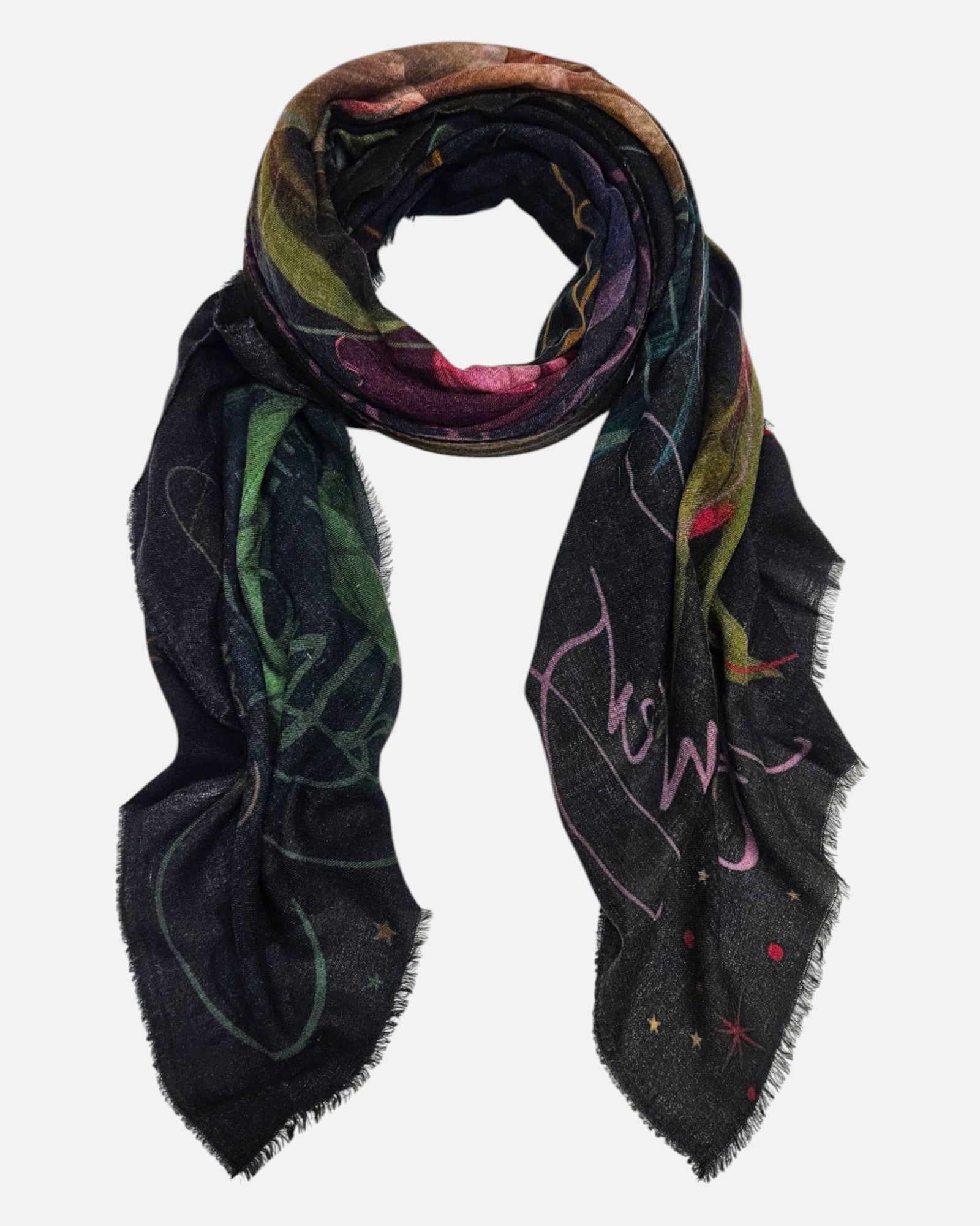 Foulard Faliero Sarti Memento extendido en bucle sobre fondo blanco mostrando la caligrafía rosa sobre fondo negro.