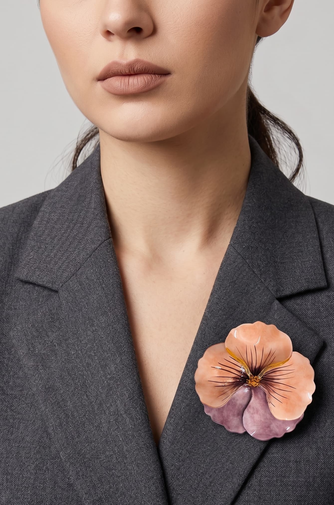 vista frontal de una modelo con el broche de pensamiento pastel de Ciléa Paris prendido de forma elegante en la solapa de una chaqueta gris de sastre, resaltando su formato de 7.5x7.5 cm.