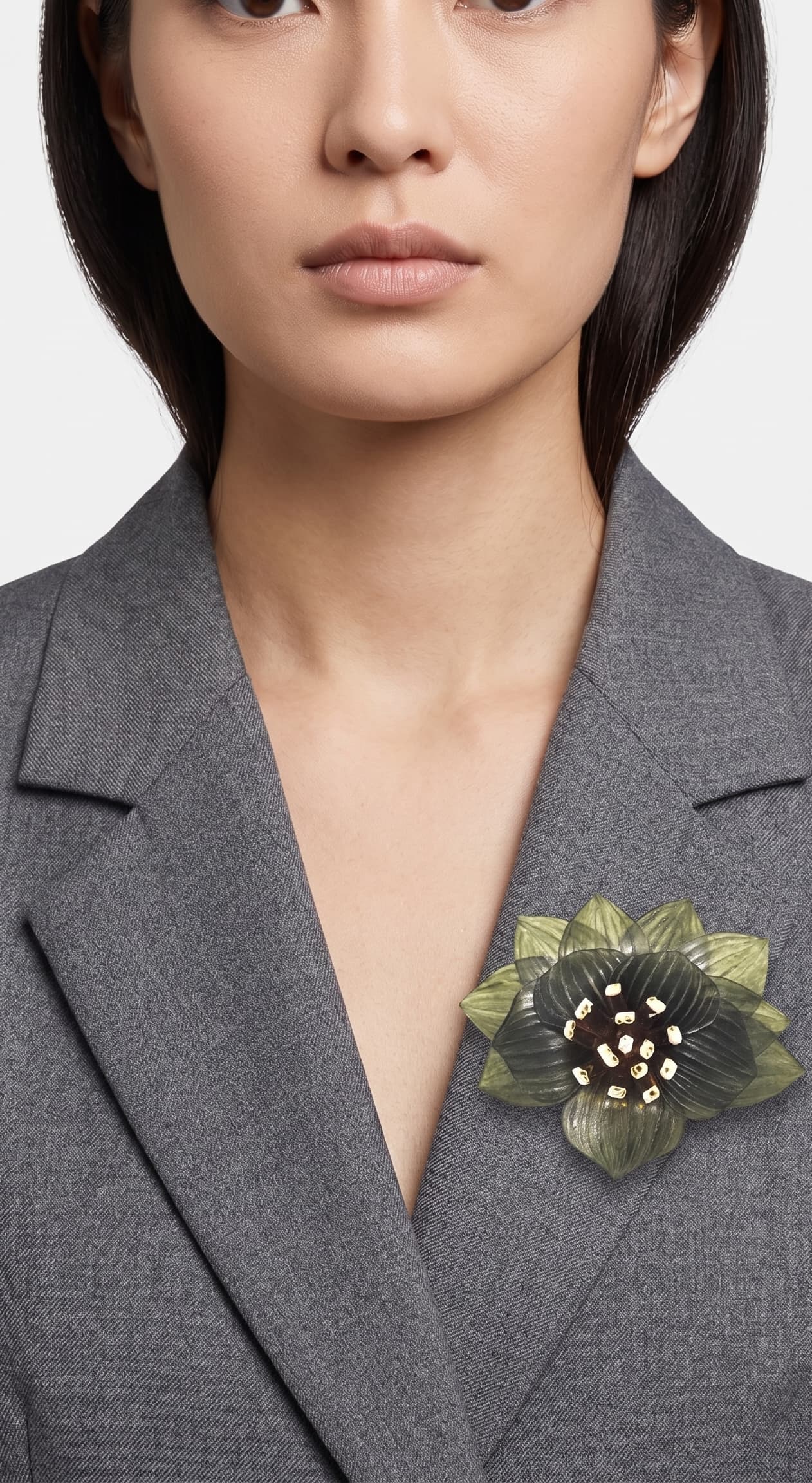 modelo luciendo el broche maxi de loto verde prendido en la solapa de una blazer gris de sastre, mostrando su escala sofisticada y elegante.
