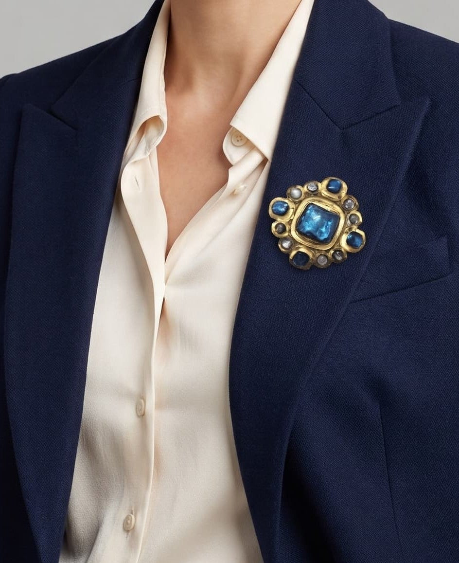 modelo luciendo el broche Petit Bleu en la solapa de una chaqueta azul marino, apreciando su luz y escala sobre la prenda.