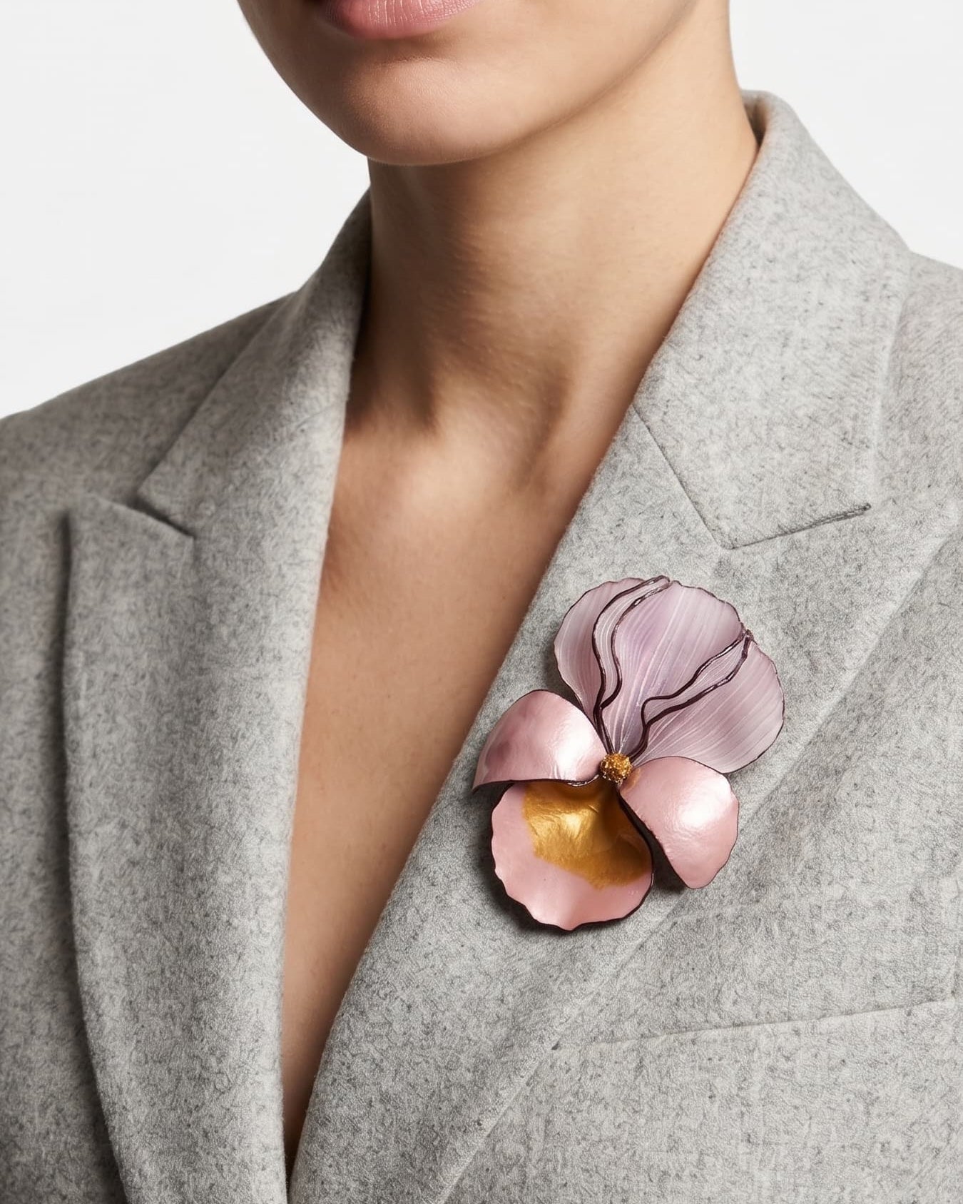 modelo luciendo el broche maxi de iris rosa prendido en la solapa de una americana de sastre gris claro, apreciando su escala maximalista y elegante.