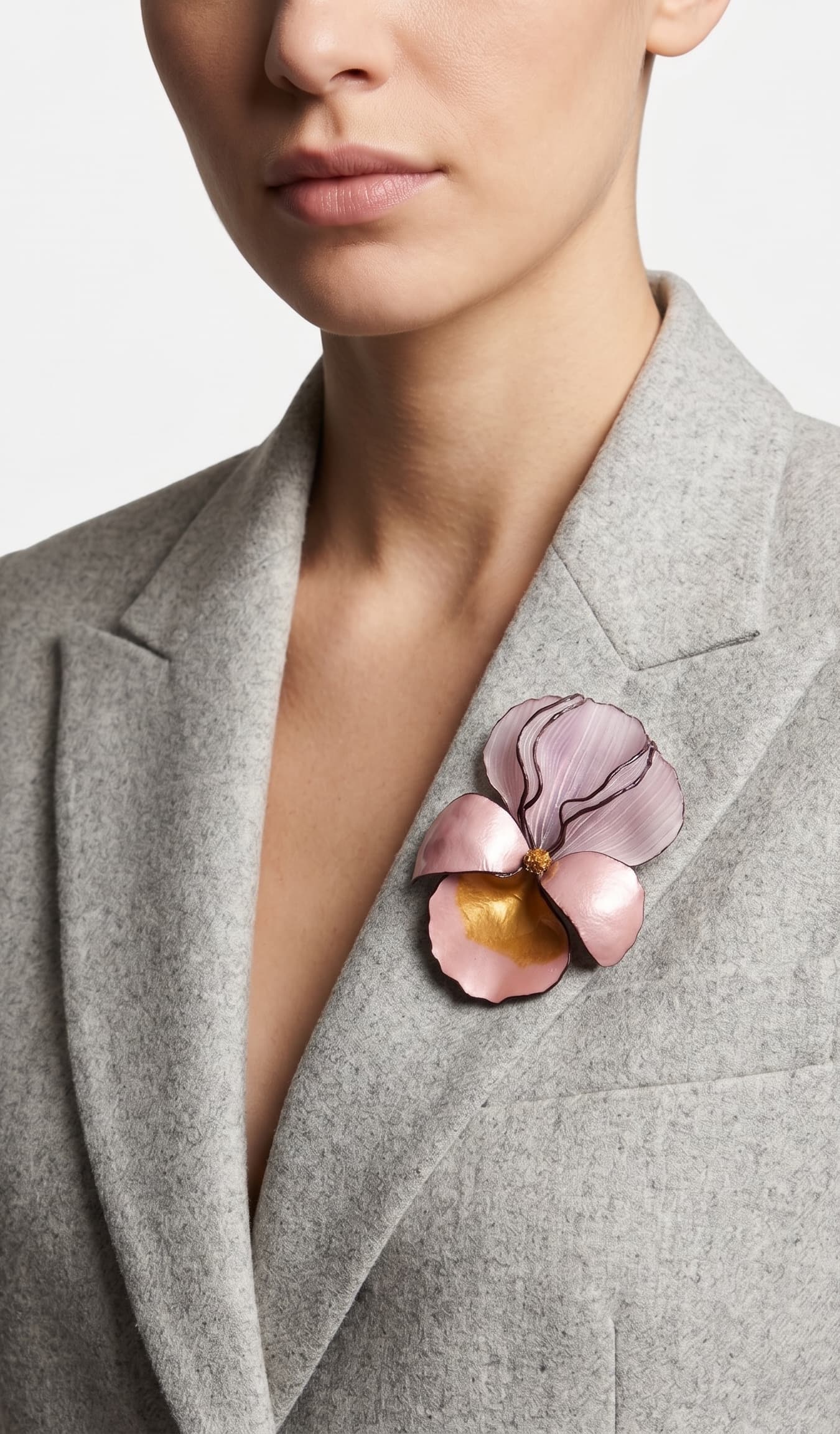 modelo luciendo el broche maxi de iris rosa prendido en la solapa de una americana de sastre gris claro, apreciando su escala maximalista y elegante.