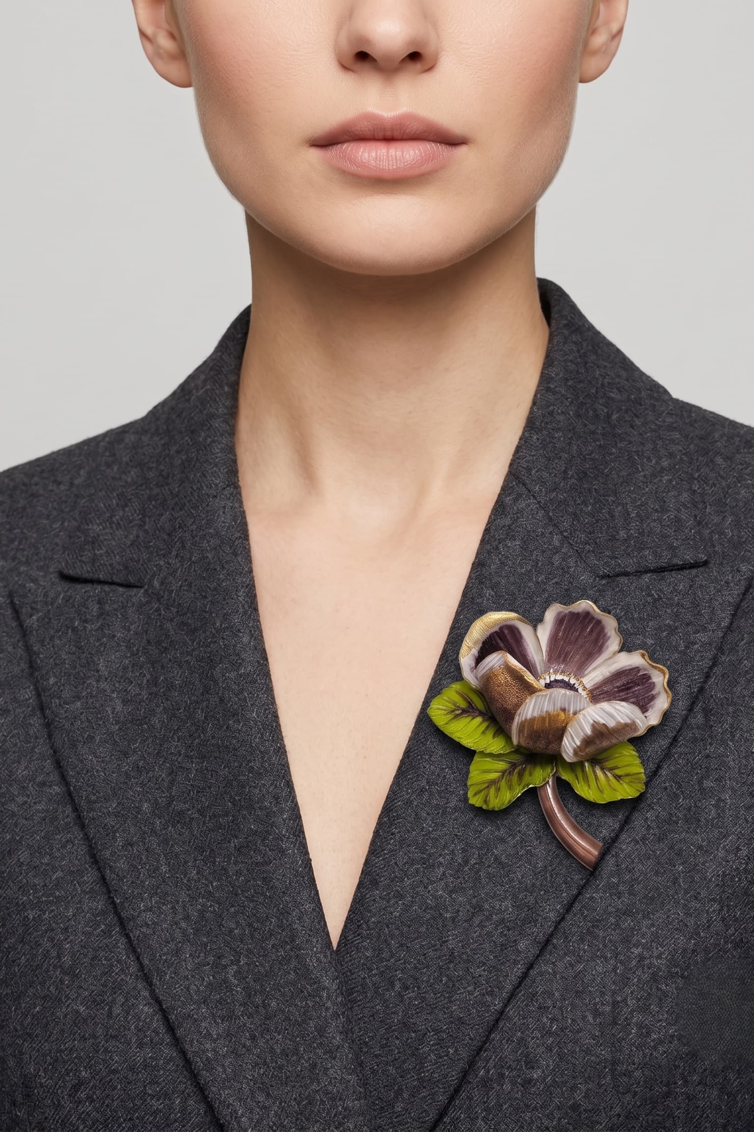 modelo luciendo el broche maxi de amapola violeta prendido en la solapa de una chaqueta de sastre gris oscuro, mostrando su escala elegante y volumetría.