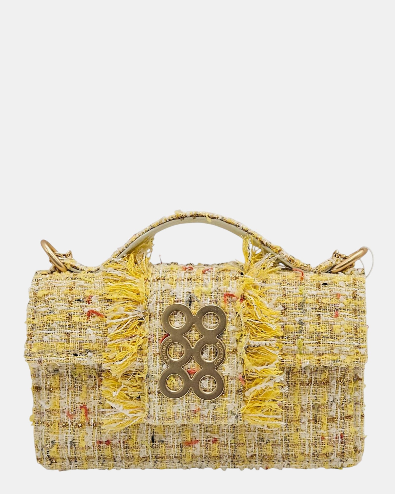 Bolso Kooreloo New Yorker en tweed amarillo vibrante con detalles de flecos y el icónico cierre dorado de seis círculos.
