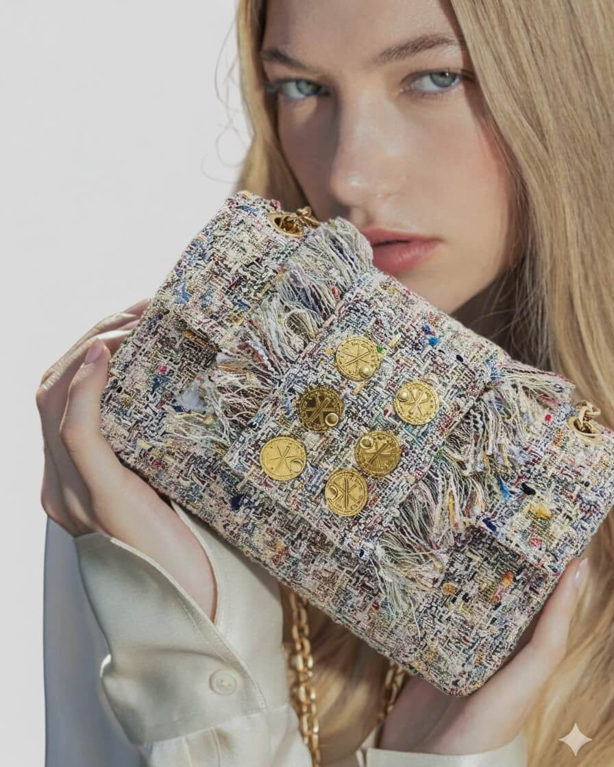 Bolso en modelo frontal de tweed en tonos beige y pastel con seis monedas doradas decorativas y laterales con flecos deshilachados.