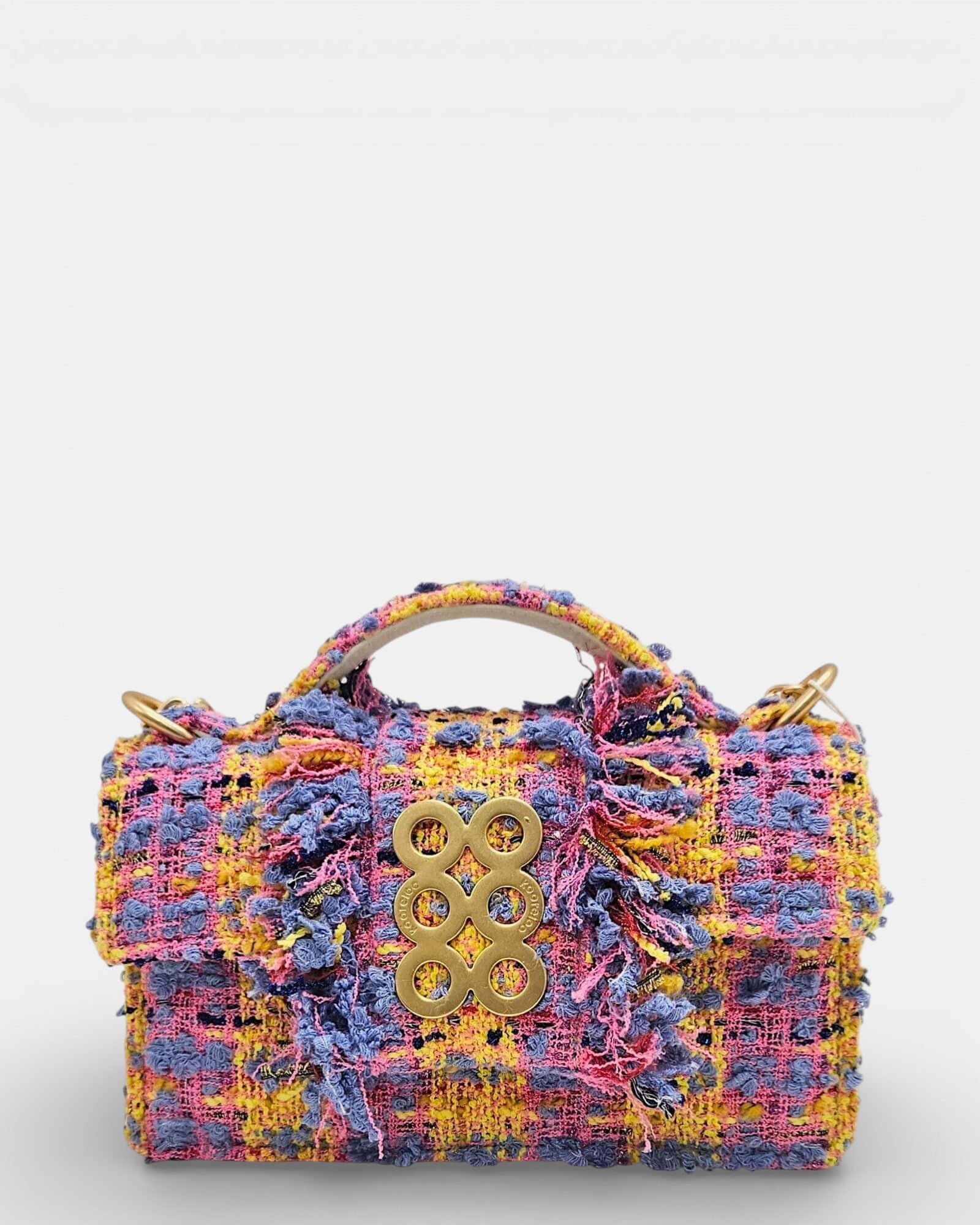 Bolso Kooreloo New Yorker Petite de tweed texturizado con logo de seis círculos dorados.