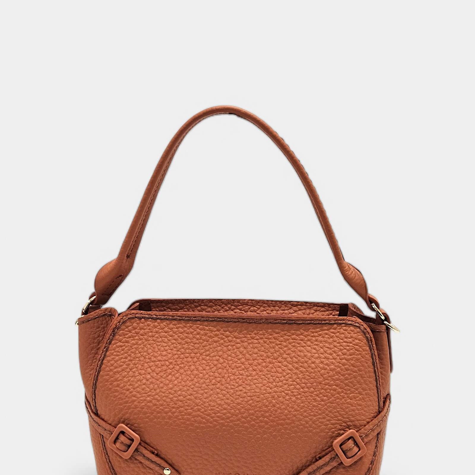 Bolso de mano Vita Queen Blush con detalles de hebillas forradas y logo frontal de Plinio Visonà.