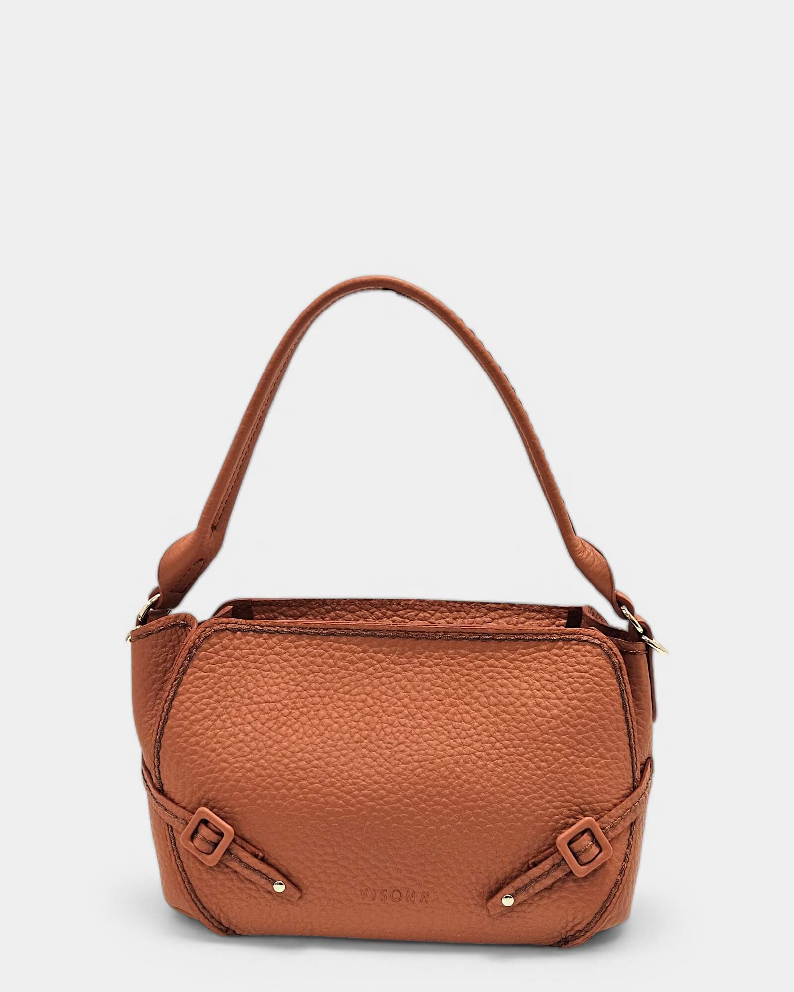 Bolso de mano Vita Queen Blush con detalles de hebillas forradas y logo frontal de Plinio Visonà.