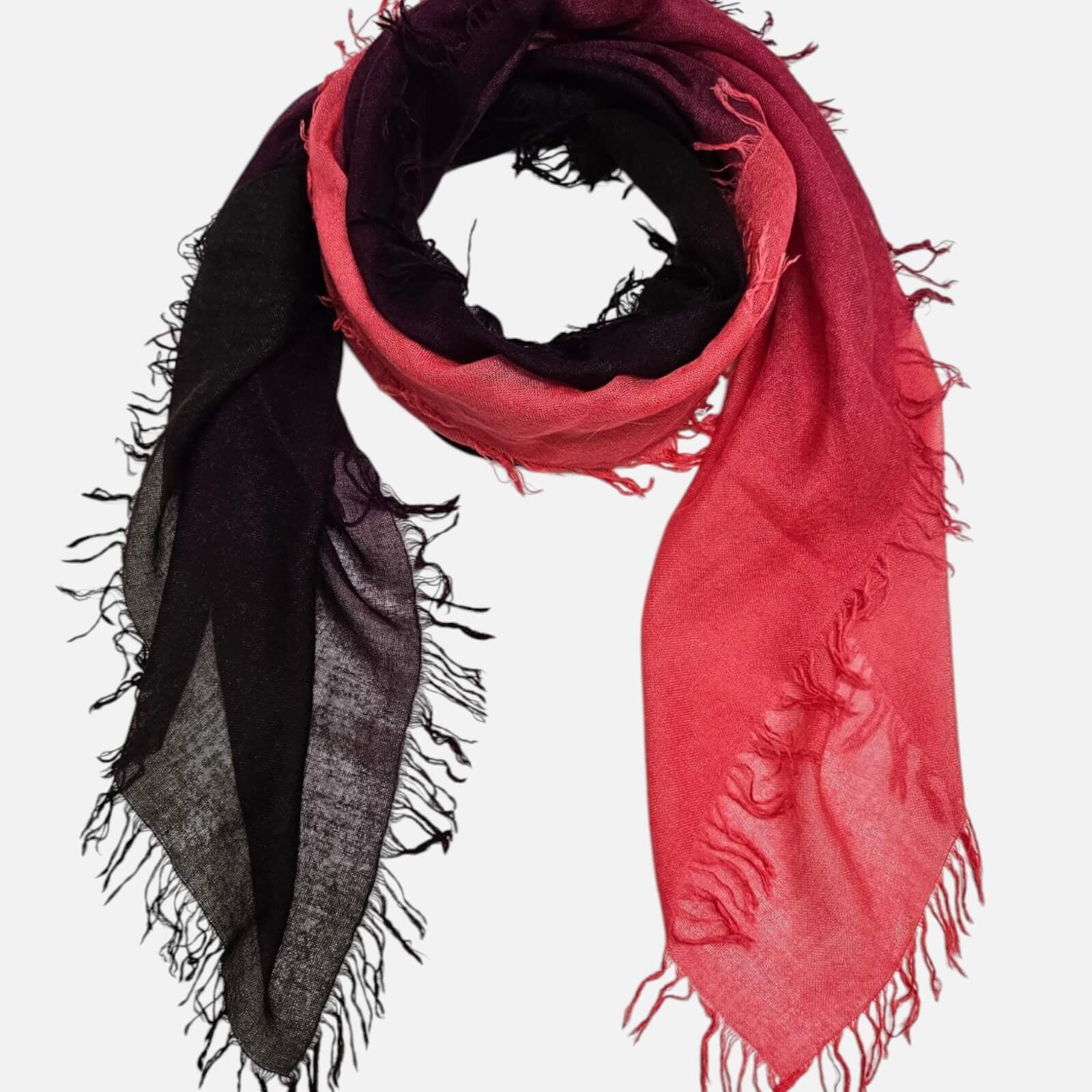 Foulard Faliero Sarti Loy de 130x130 cm extendido en bucle mostrando su degradado bicolores y bordes deshilachados.