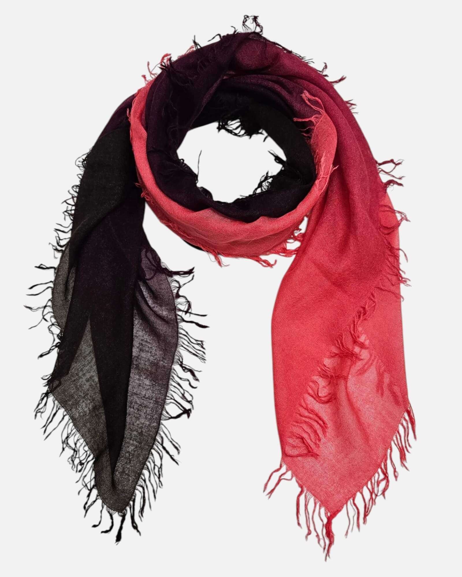 Foulard Faliero Sarti Loy de 130x130 cm extendido en bucle mostrando su degradado bicolores y bordes deshilachados.