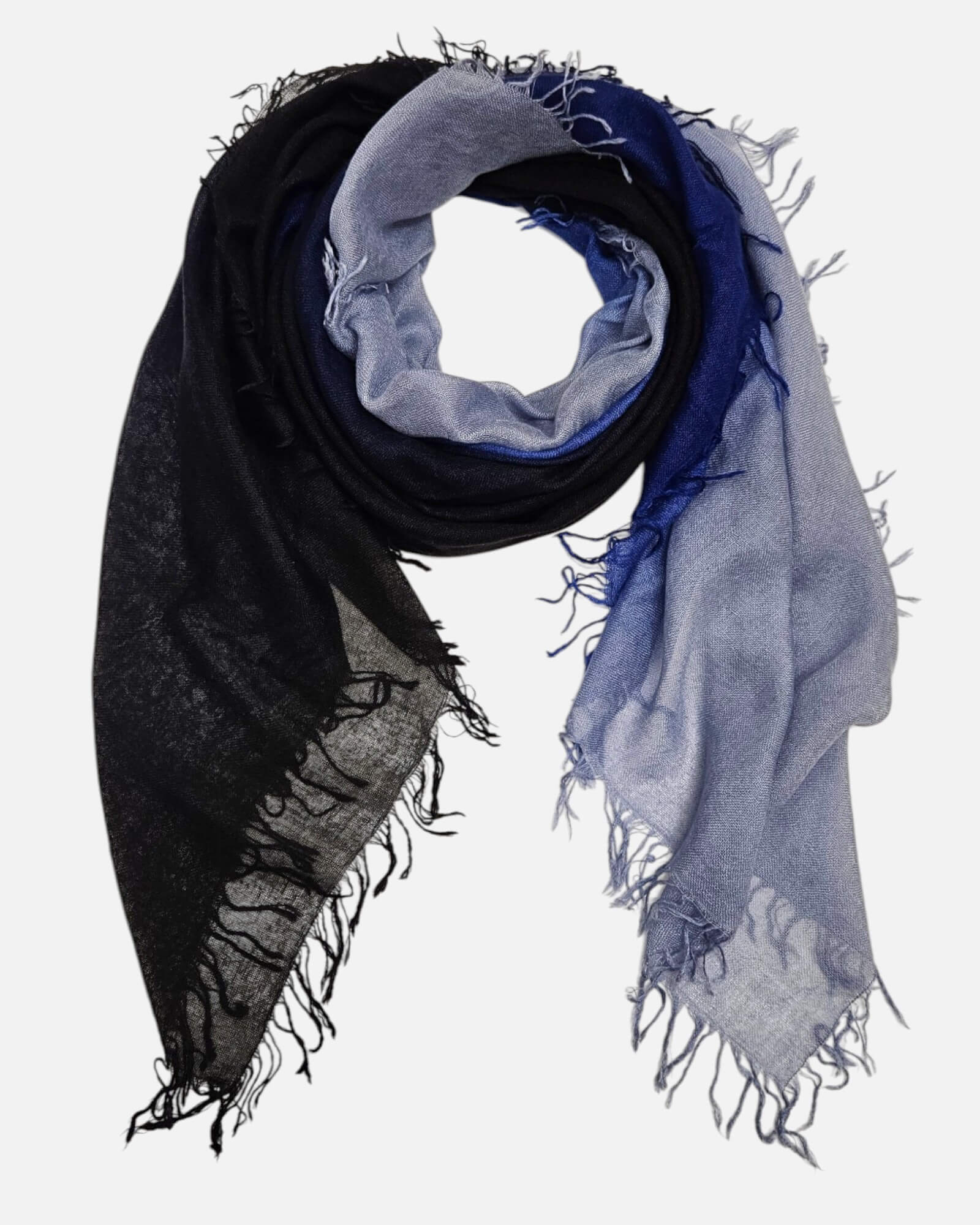 Foulard Faliero Sarti Loy de 130x130 cm extendido en bucle mostrando su degradado cromático en azul y gris perla.