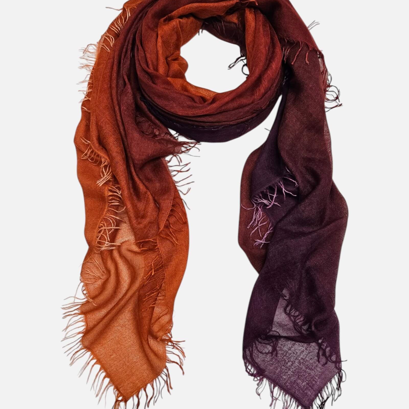 Foulard Faliero Sarti Enrichetta de 170x175 cm extendido en bucle sobre fondo blanco mostrando su degradado bicolores.