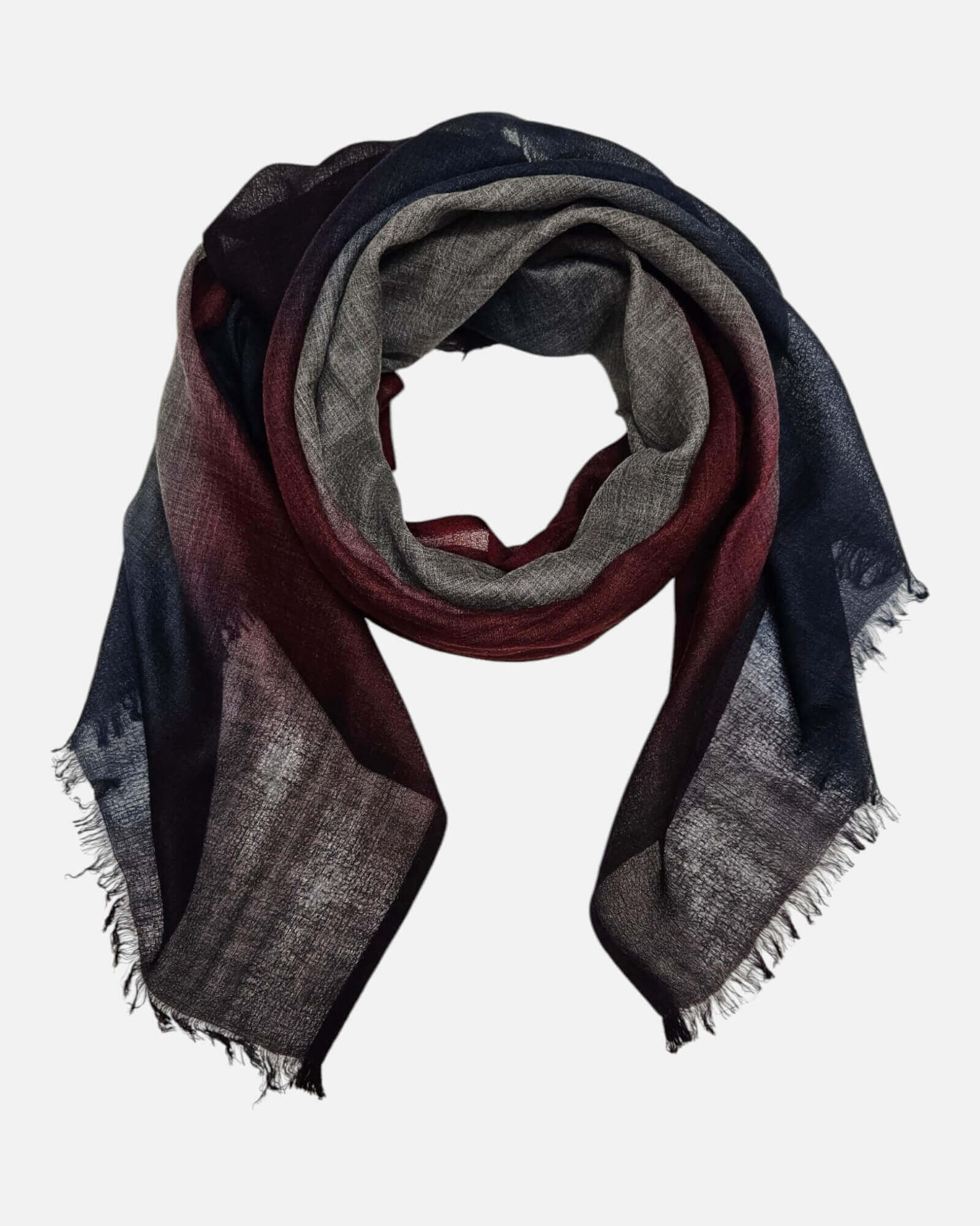 Vista completa del pañuelo Faliero Sarti Little Giudy en 100% cashmere con efecto degradado y bordes deshilachados.